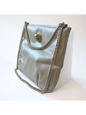 VTG 60s Ruth E Saltz Taupe Leather Shoulder Bag Chain Handles Jaguar Head 8x9
